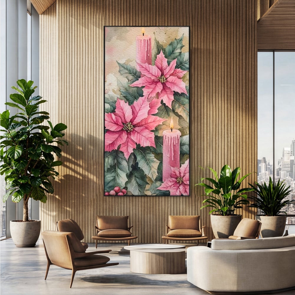 Tablou canvas cu tablou cu lumanari si flori poinsettia, in rama de aluminiu negru, pe perete intr-un birou